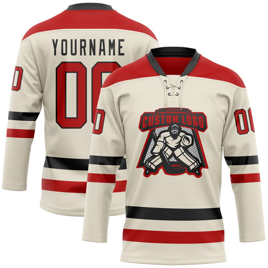 Custom Cream Red-Black Hockey Lace Neck Jersey - Sky-Custom
