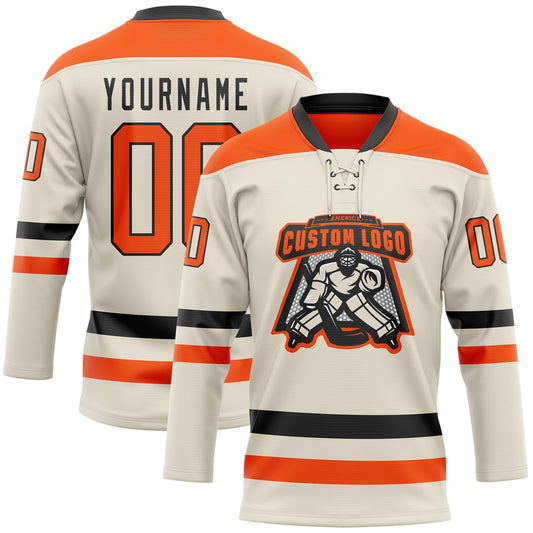 Custom Cream Orange-Black Hockey Lace Neck Jersey - Sky-Custom