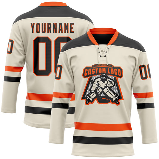 Custom Cream Black-Orange Hockey Lace Neck Jersey - Sky-Custom