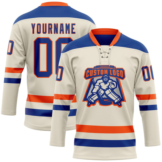 Custom Cream Royal-Orange Hockey Lace Neck Jersey - Sky-Custom