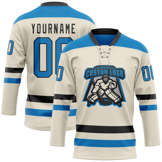Custom Cream Blue-Black Hockey Lace Neck Jersey - Sky-Custom