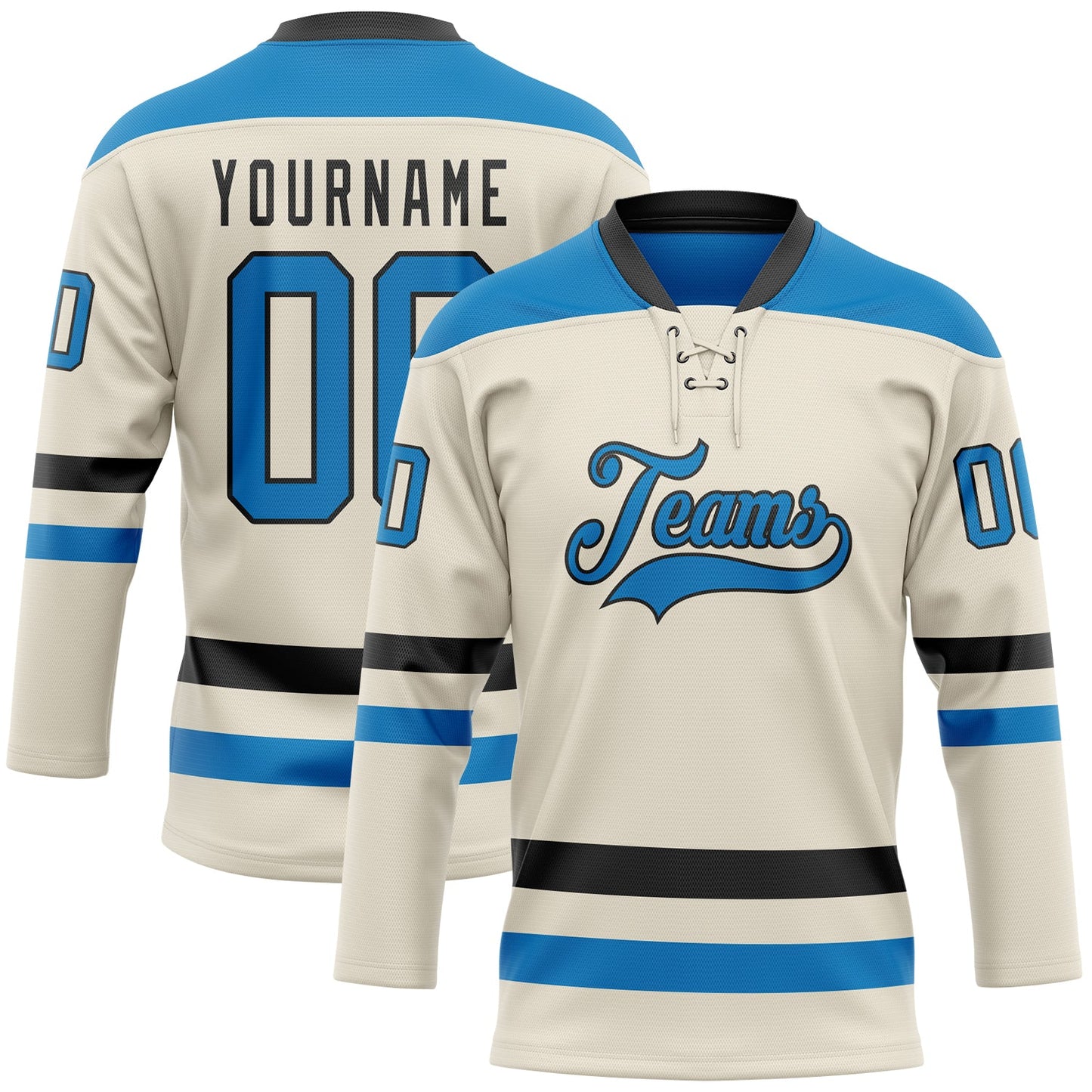 Custom Cream Blue-Black Hockey Lace Neck Jersey - Sky-Custom