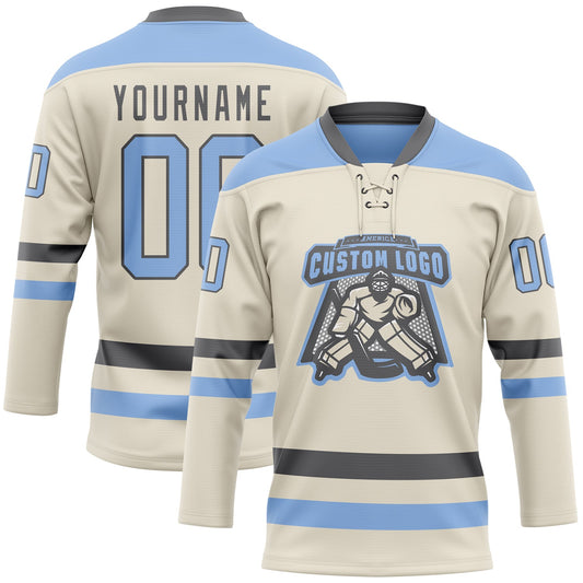 Custom Cream Light Blue-Steel Gray Hockey Lace Neck Jersey - Sky-Custom
