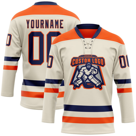 Custom Cream Navy-Orange Hockey Lace Neck Jersey - Sky-Custom
