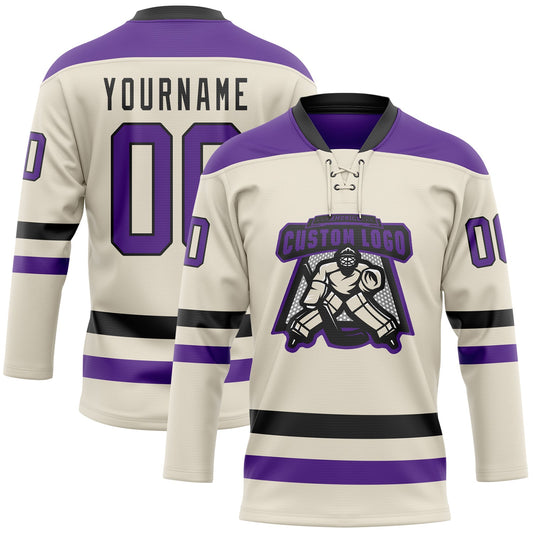 Custom Cream Purple-Black Hockey Lace Neck Jersey - Sky-Custom