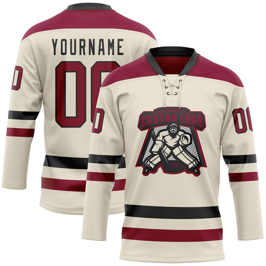 Custom Cream Maroon-Black Hockey Lace Neck Jersey - Sky-Custom