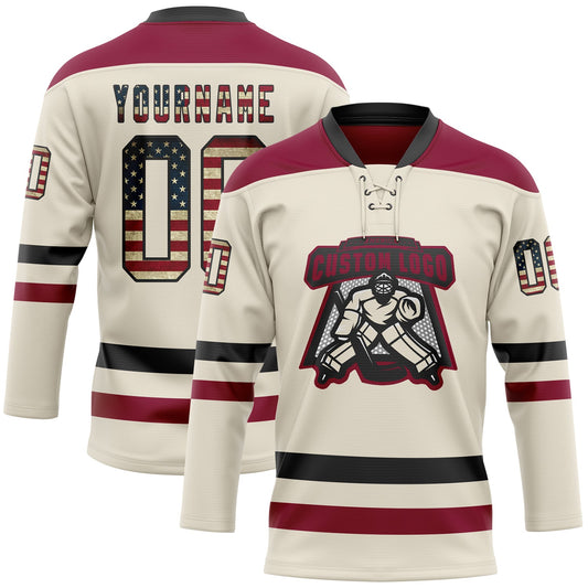 Custom Cream Vintage USA Flag Black-Maroon Hockey Lace Neck Jersey - Sky-Custom