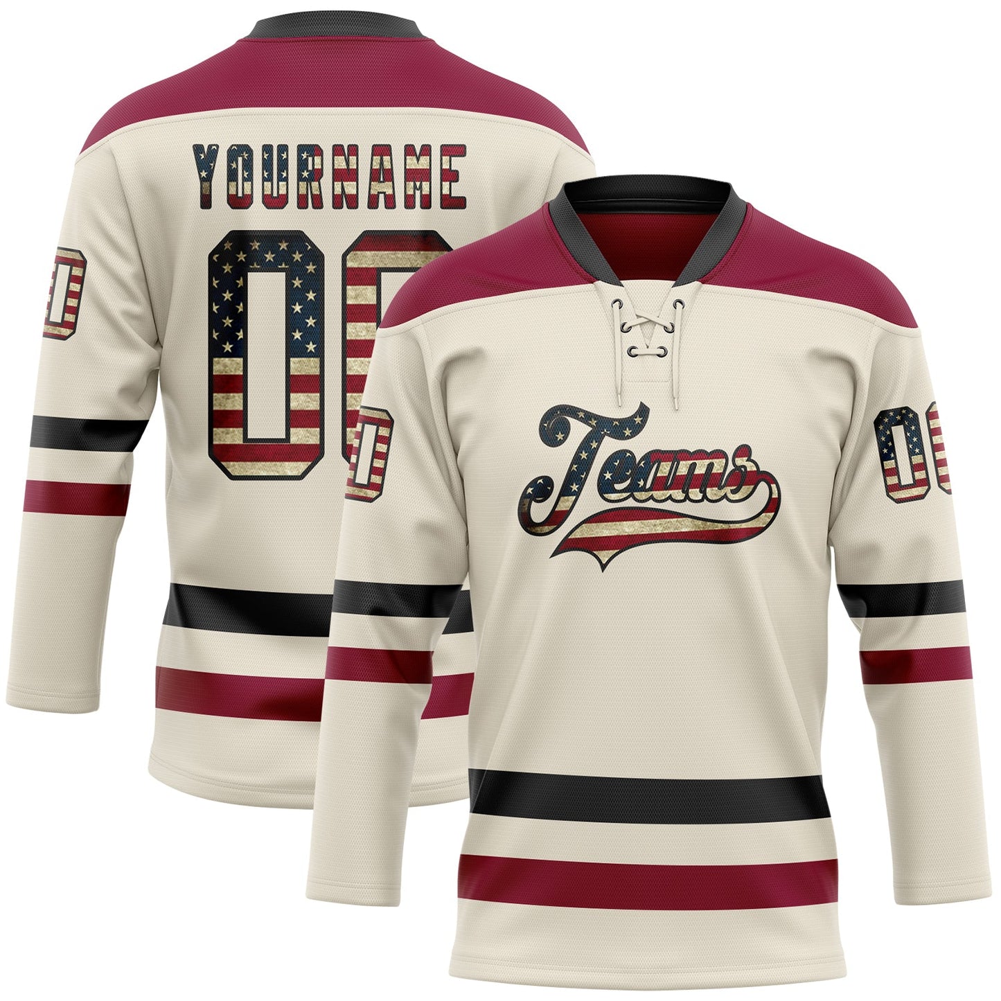 Custom Cream Vintage USA Flag Black-Maroon Hockey Lace Neck Jersey - Sky-Custom