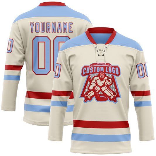 Custom Cream Light Blue-Red Hockey Lace Neck Jersey - Sky-Custom
