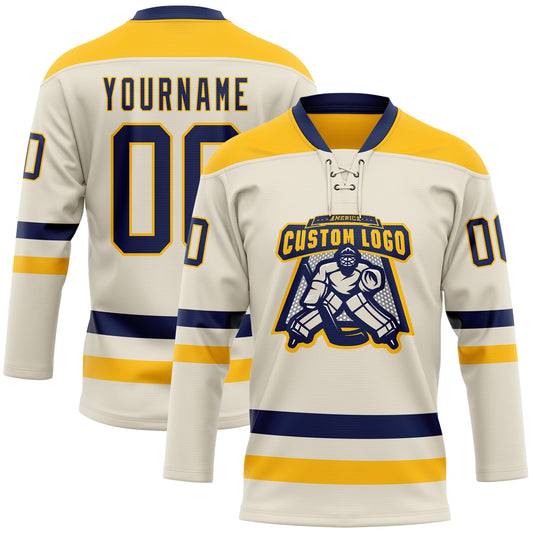 Custom Cream Navy-Gold Hockey Lace Neck Jersey - Sky-Custom