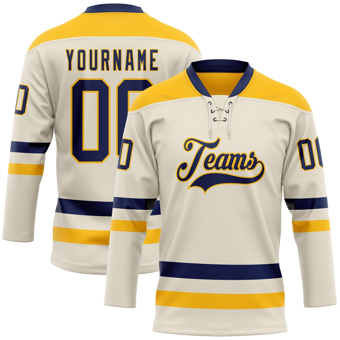 Custom Cream Navy-Gold Hockey Lace Neck Jersey - Sky-Custom
