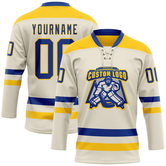 Custom Cream Royal-Yellow Hockey Lace Neck Jersey - Sky-Custom