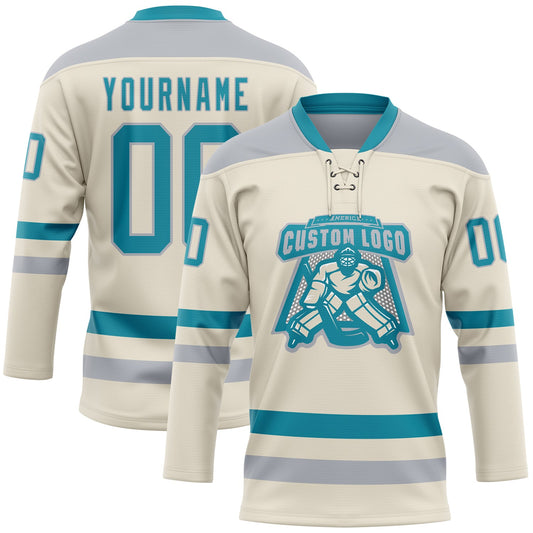 Custom Cream Teal-Gray Hockey Lace Neck Jersey - Sky-Custom
