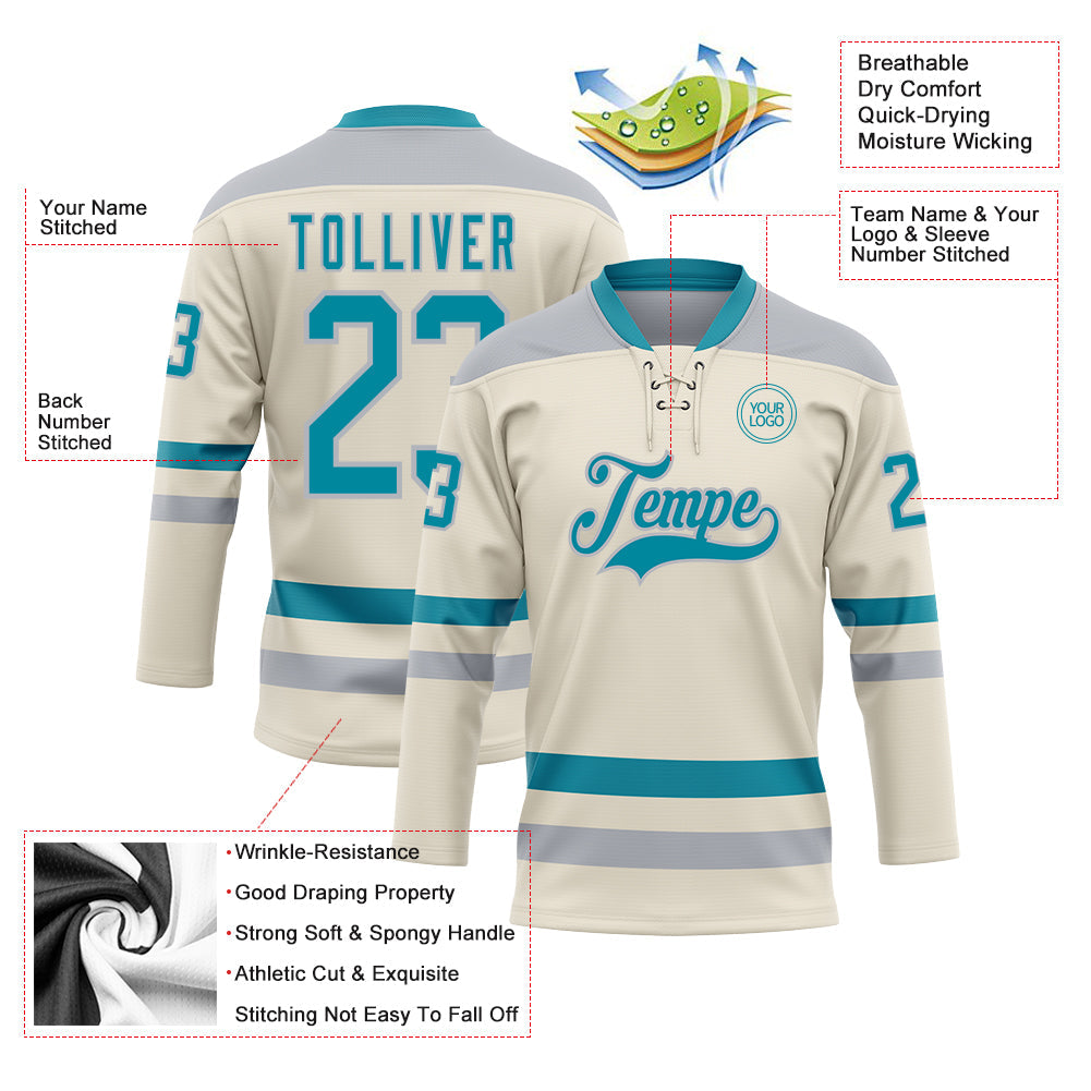 Custom Cream Teal-Gray Hockey Lace Neck Jersey - Sky-Custom