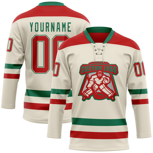 Custom Cream Red-Kelly Green Hockey Lace Neck Jersey - Sky-Custom