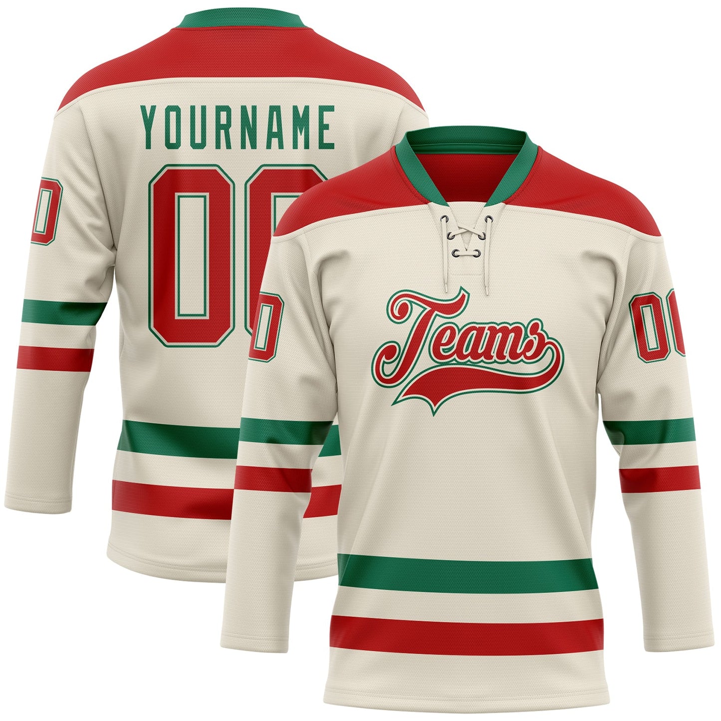 Custom Cream Red-Kelly Green Hockey Lace Neck Jersey - Sky-Custom