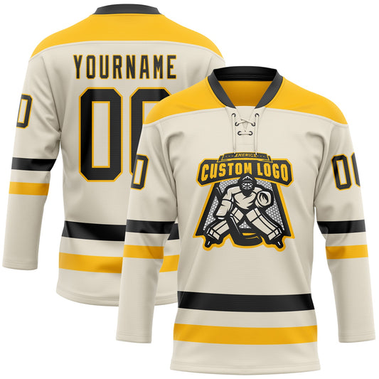 Custom Cream Black-Gold Hockey Lace Neck Jersey - Sky-Custom
