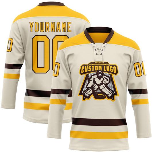 Custom Cream Gold-Brown Hockey Lace Neck Jersey - Sky-Custom