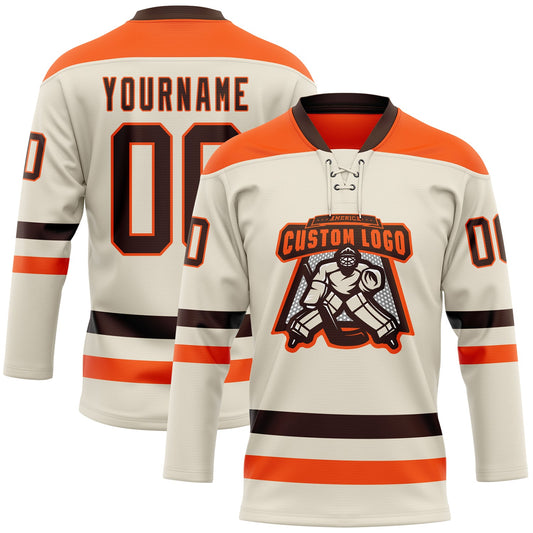 Custom Cream Brown-Orange Hockey Lace Neck Jersey - Sky-Custom