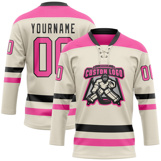 Custom Cream Pink-Black Hockey Lace Neck Jersey - Sky-Custom