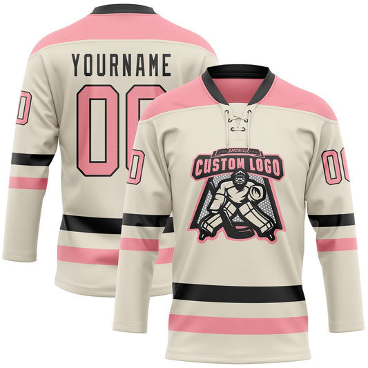 Custom Cream Medium Pink-Black Hockey Lace Neck Jersey - Sky-Custom