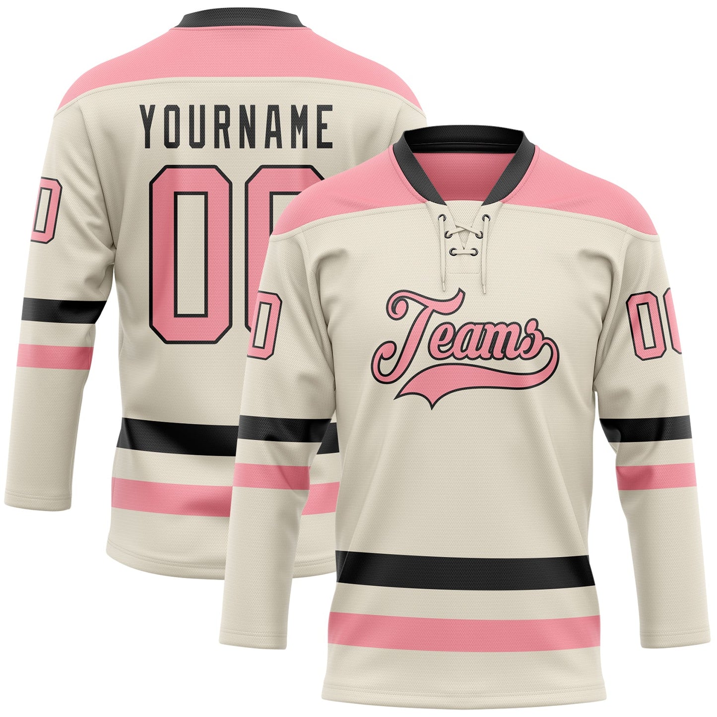 Custom Cream Medium Pink-Black Hockey Lace Neck Jersey - Sky-Custom