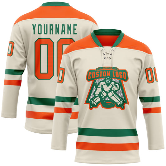 Custom Cream Orange-Kelly Green Hockey Lace Neck Jersey - Sky-Custom