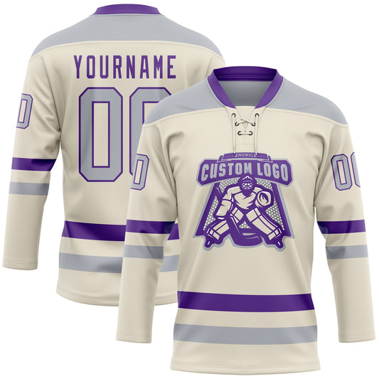 Custom Cream Gray-Purple Hockey Lace Neck Jersey - Sky-Custom