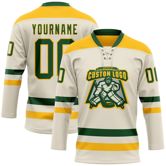 Custom Cream Green-Gold Hockey Lace Neck Jersey - Sky-Custom