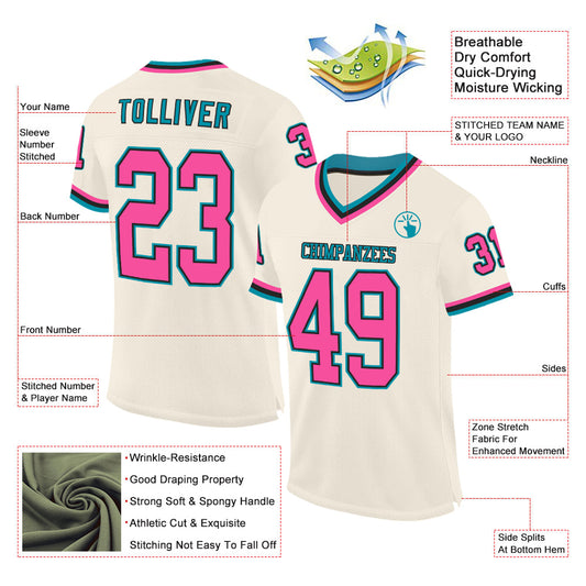 Custom Cream Pink Black-Teal Mesh Authentic Throwback Football Jersey - Sky-Custom
