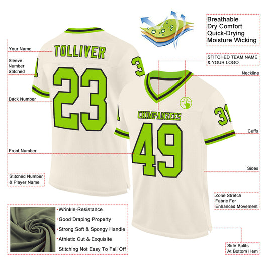 Custom Cream Neon Green-Black Mesh Authentic Throwback Football Jersey - Sky-Custom