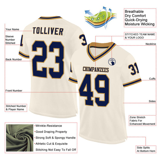 Custom Cream Navy-Old Gold Mesh Authentic Throwback Football Jersey - Sky-Custom
