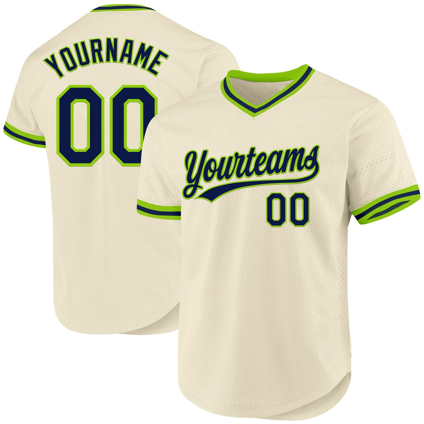 Custom Cream Navy-Neon Green Authentic Throwback Baseball Jersey - Sky-Custom