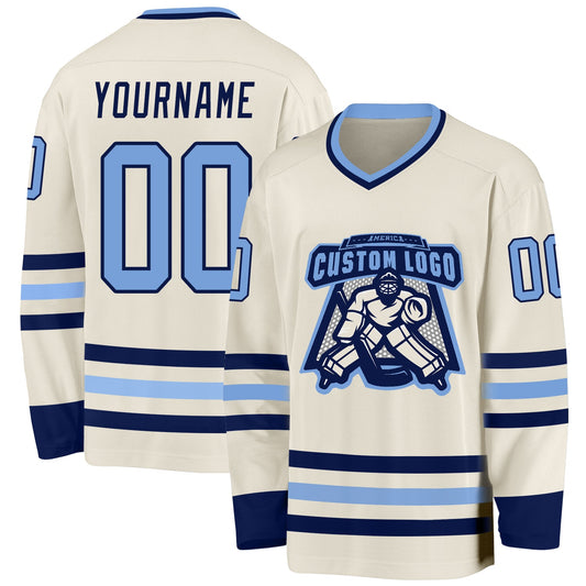 Custom Cream Light Blue-Navy Hockey Jersey - Sky-Custom