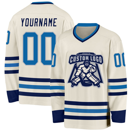 Custom Cream Blue-Navy Hockey Jersey - Sky-Custom