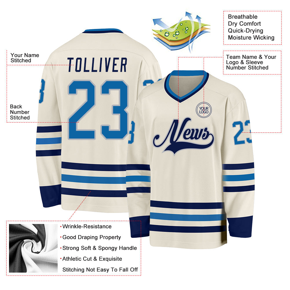 Custom Cream Blue-Navy Hockey Jersey - Sky-Custom