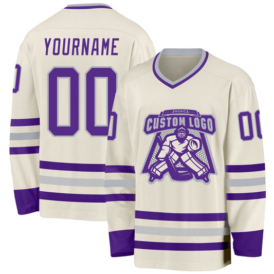 Custom Cream Purple-Gray Hockey Jersey - Sky-Custom