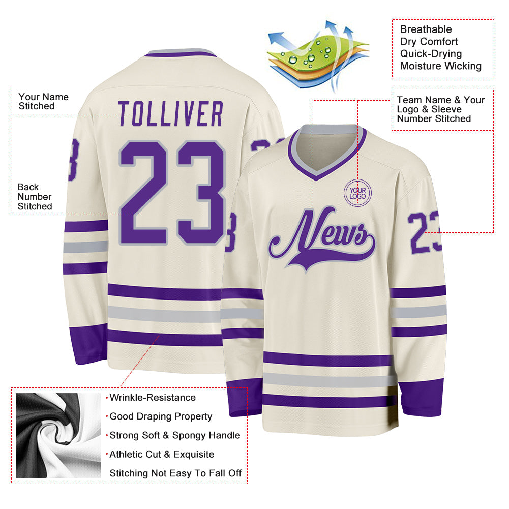 Custom Cream Purple-Gray Hockey Jersey - Sky-Custom
