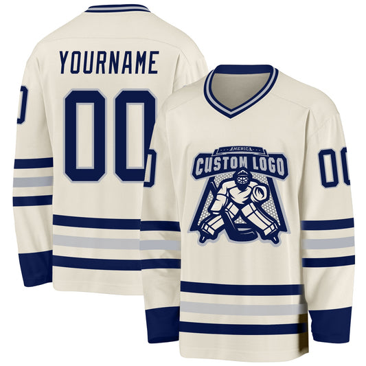 Custom Cream Navy-Gray Hockey Jersey - Sky-Custom