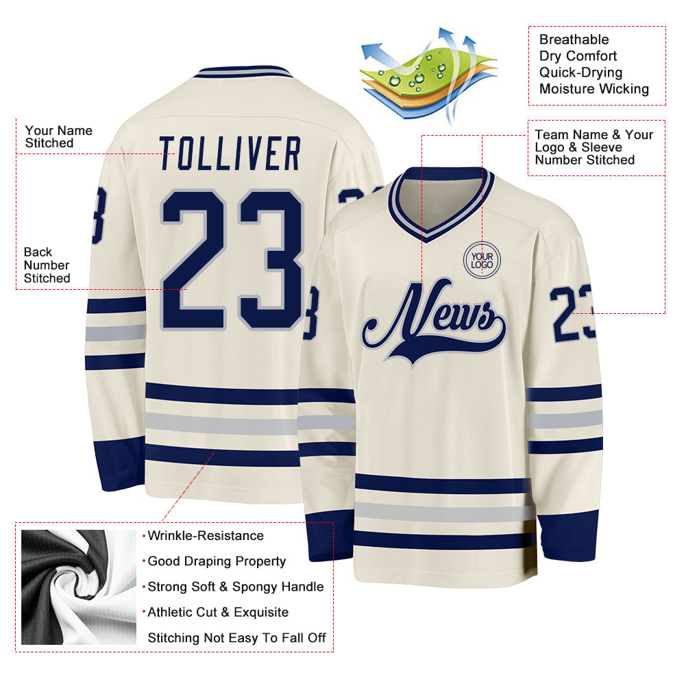 Custom Cream Navy-Gray Hockey Jersey - Sky-Custom