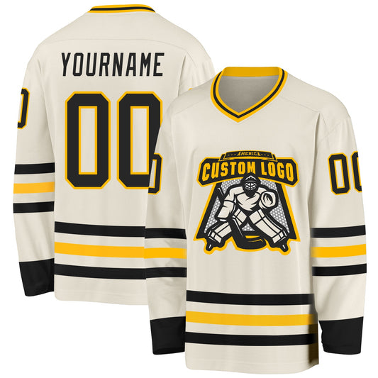 Custom Cream Black-Gold Hockey Jersey - Sky-Custom