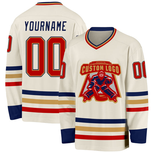 Custom Cream Red Old Gold-Navy Hockey Jersey - Sky-Custom