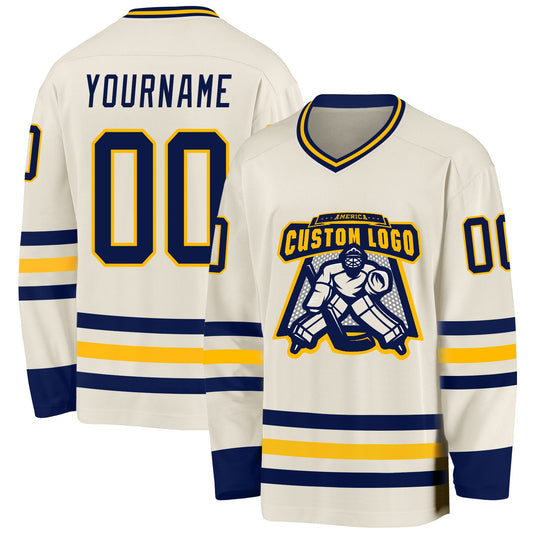 Custom Cream Navy-Gold Hockey Jersey - Sky-Custom