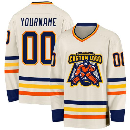 Custom Cream Navy Gold-Orange Hockey Jersey - Sky-Custom