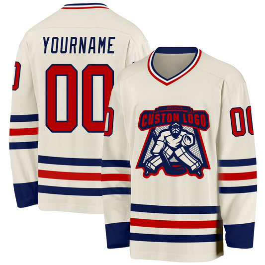Custom Cream Red Navy-White Hockey Jersey - Sky-Custom