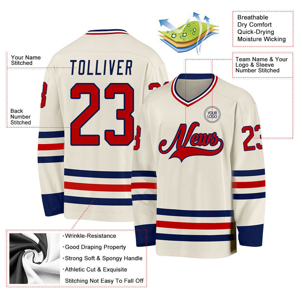 Custom Cream Red Navy-White Hockey Jersey - Sky-Custom