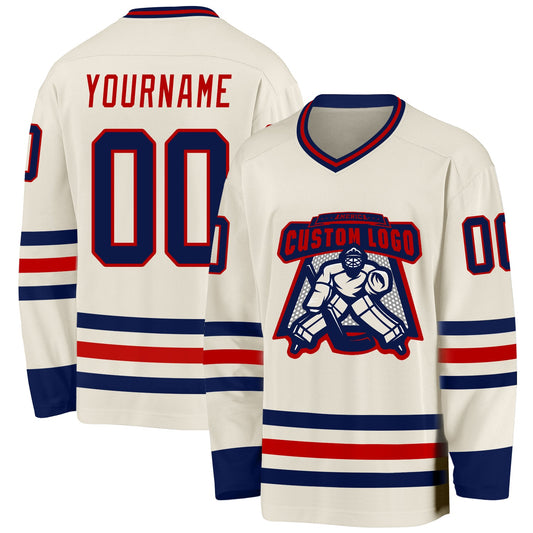 Custom Cream Navy-Red Hockey Jersey - Sky-Custom