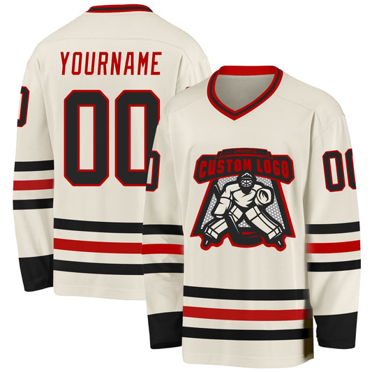 Custom Cream Black-Red Hockey Jersey - Sky-Custom