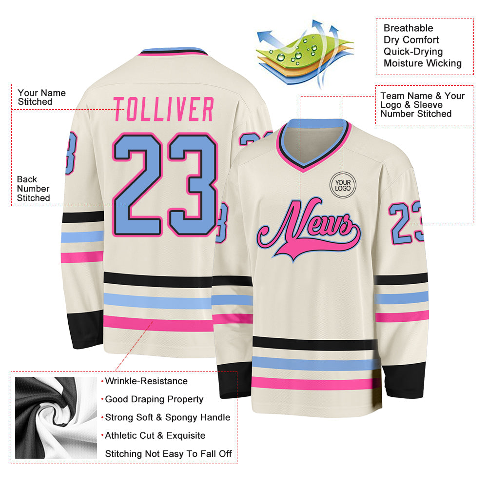 Custom Cream Light Blue Black-Pink Hockey Jersey - Sky-Custom
