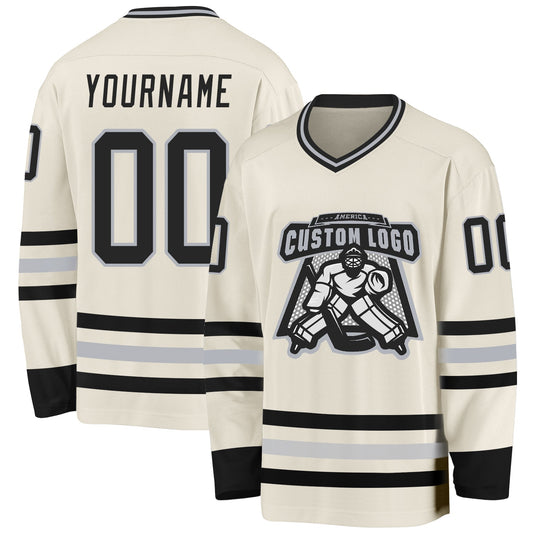 Custom Cream Black-Gray Hockey Jersey - Sky-Custom